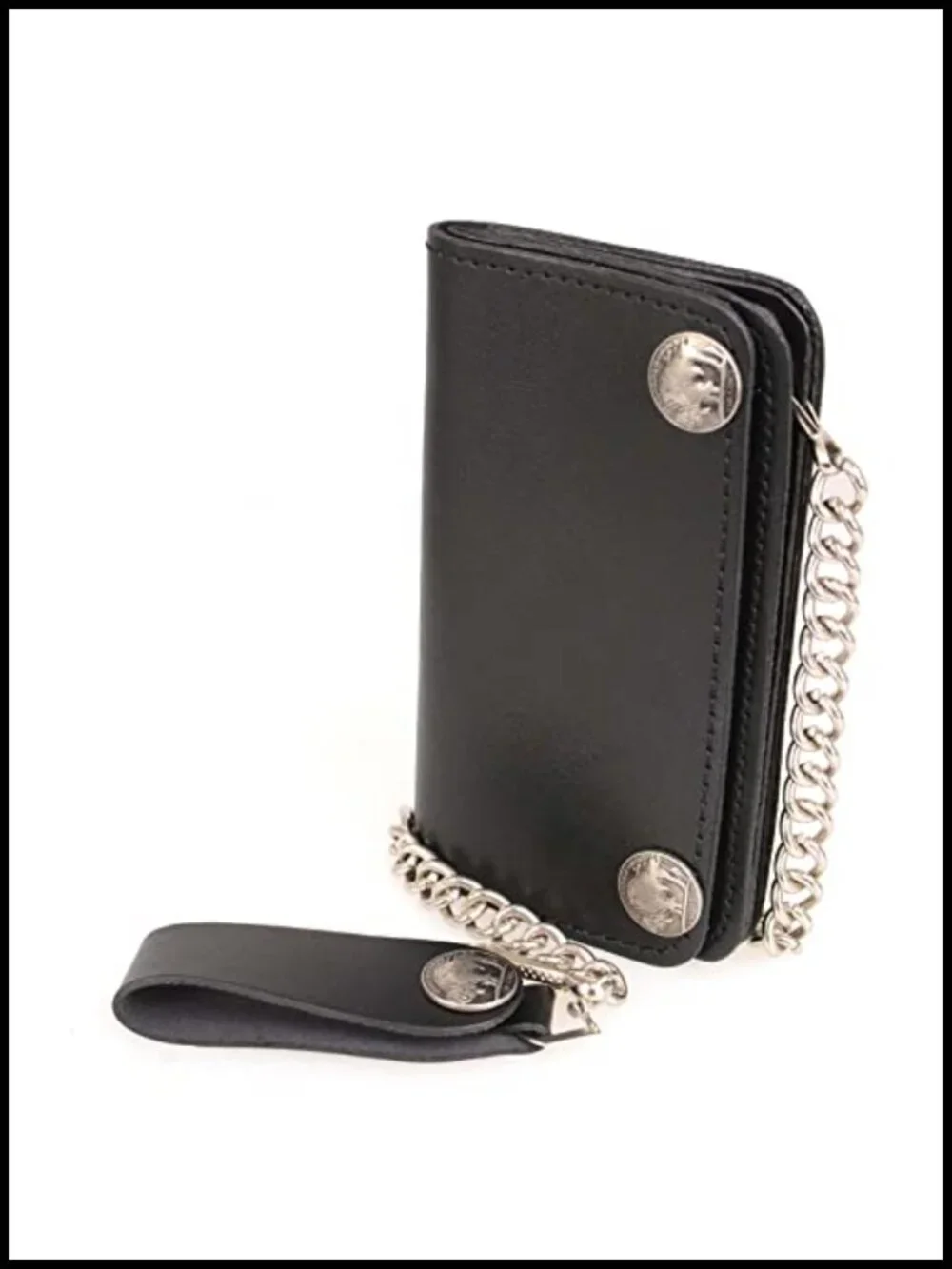 Men's Full-Grain Leather Long Bifold Biker Wallet with Stainless Steel Chain